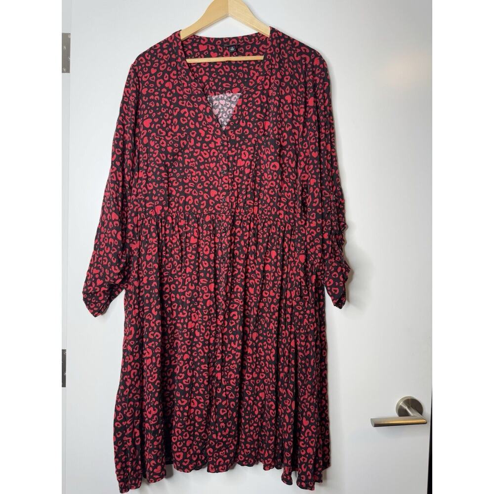 Torrid Red Black Leopard Heart Challis Button Front Shirt Dress 4 Or 4X Plus